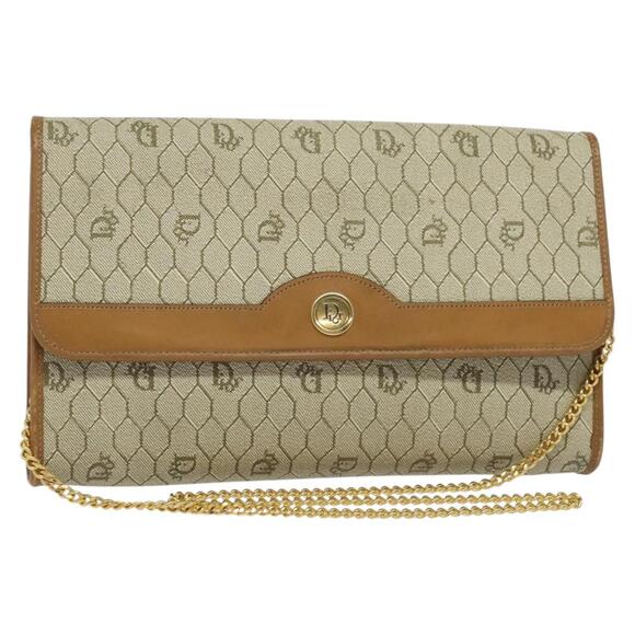 DIOR Honeycomb Canvas Chain Shoulder Bag Pvc Beige Gold - Picture 1 of 12